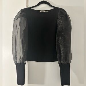 Alice + Olivia Classic Black Organza Puff Sleeve Blouse